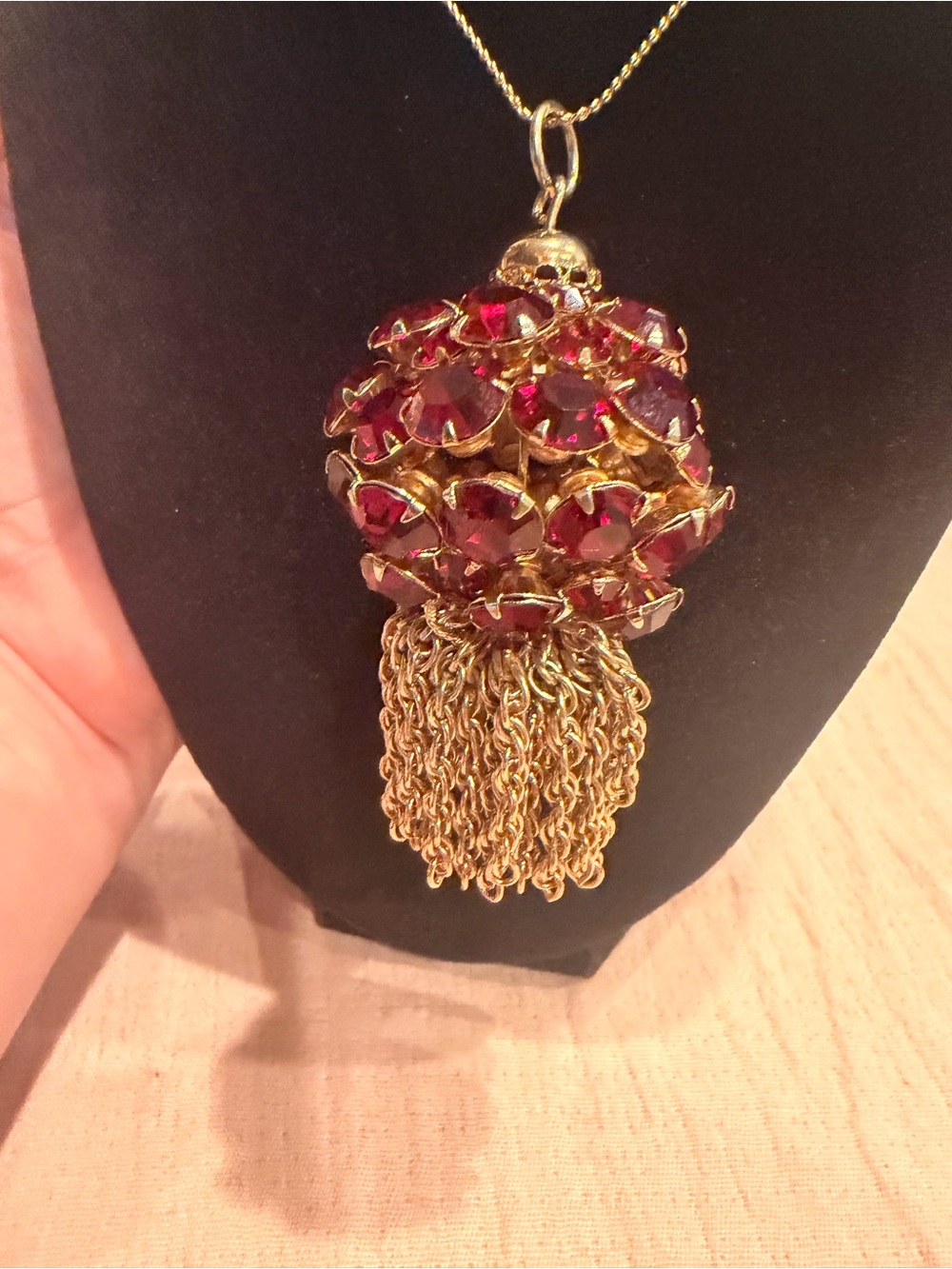 Gold Tassel Pendant Necklace with Deep Red Crystal Accents